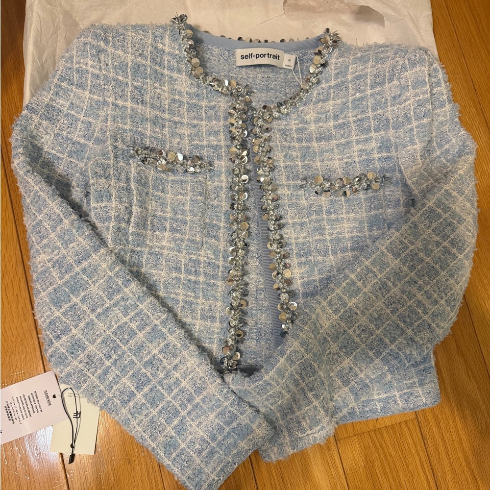 NWT Authentic Self-Portrait Blue Tweed Jacket Cardigan size Medium